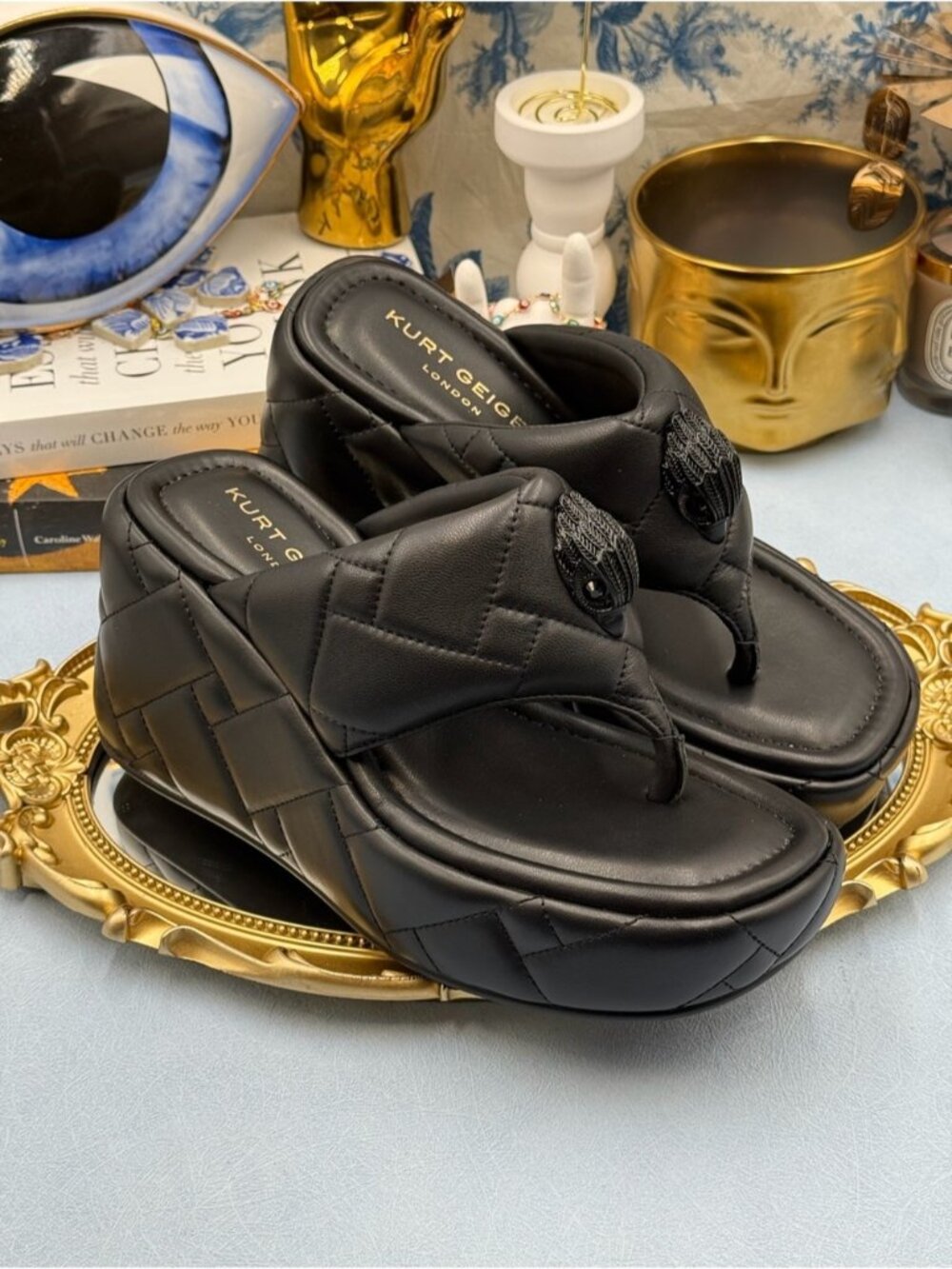 🆕 KURT GEIGER LONDON 🧿 NWOB Kensington Puff Wedge Sandal, Black - Sz EU37 US 7